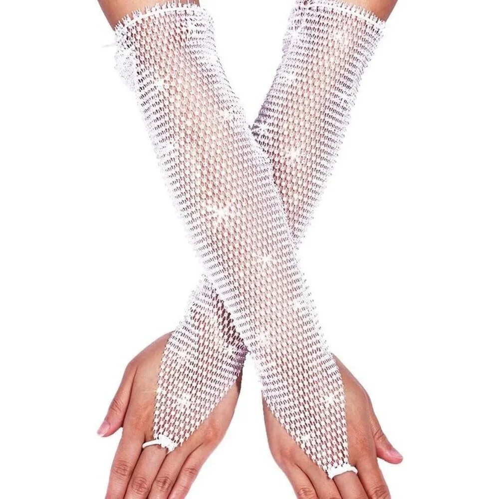 Women's Rhinestone Long Arm Rave Sleeves Fingerless Gloves White Fishnet